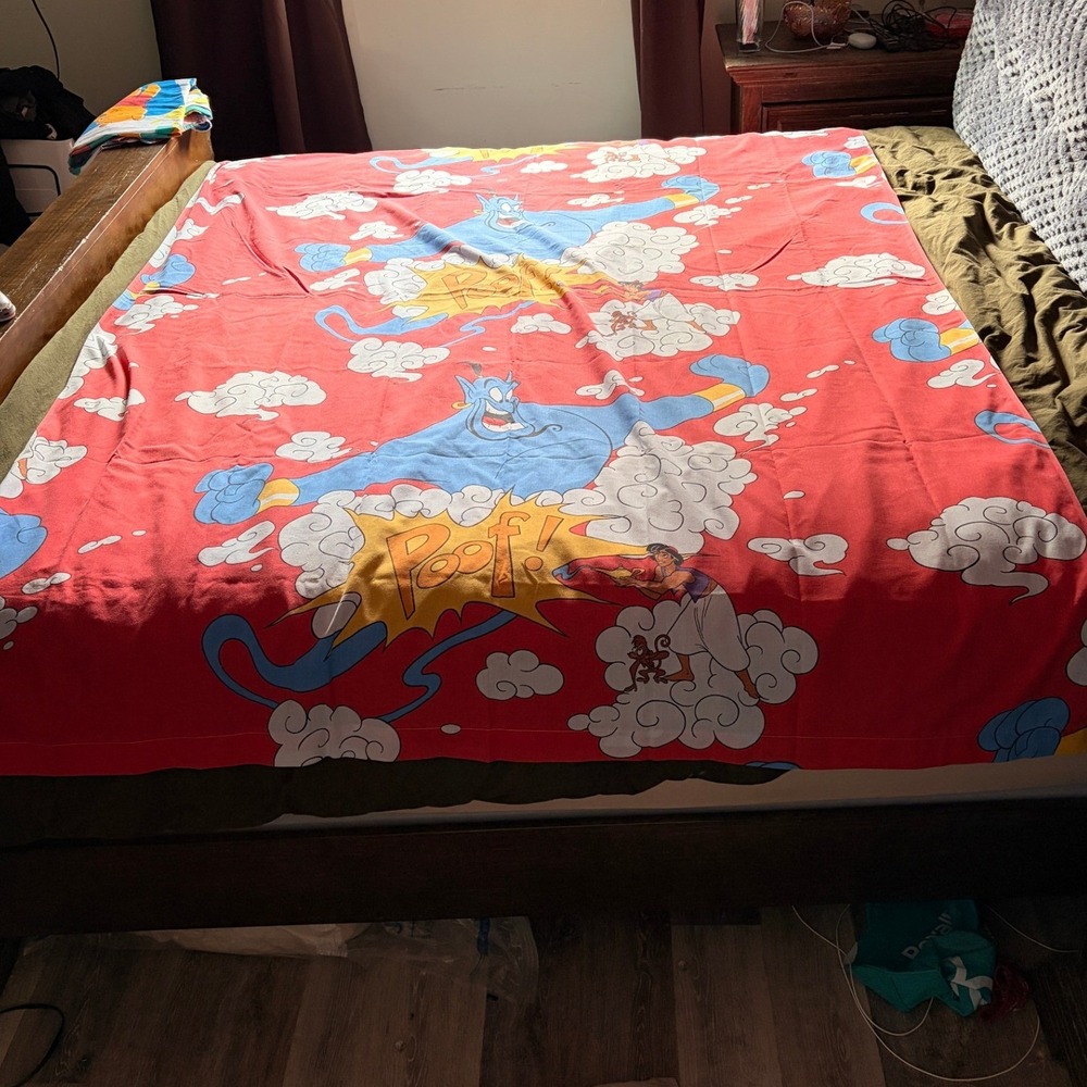 Vintage Disney Aladdin Genie Twin Flat Sheet Red 90s Abu Poof Graphic Bedding